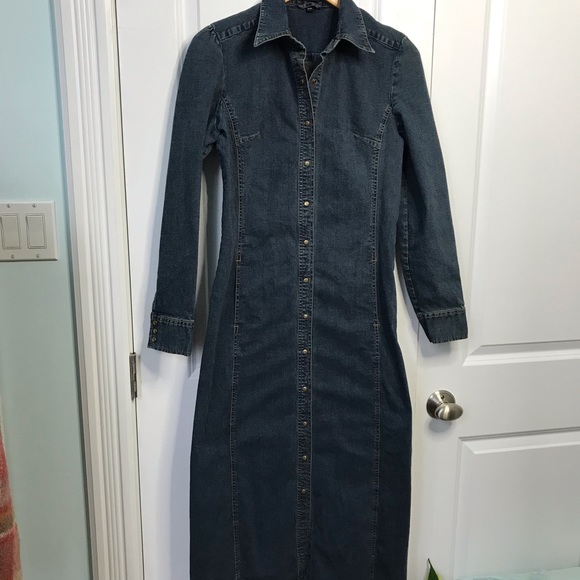 Jacob Y2K Dark Wash Denim Snap Button Maxi Midi Long Sleeve Dress Size 9/10 - Picture 6 of 10